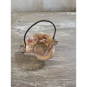Small MCM Glass Basket With Wire Handle And Gold Cherries